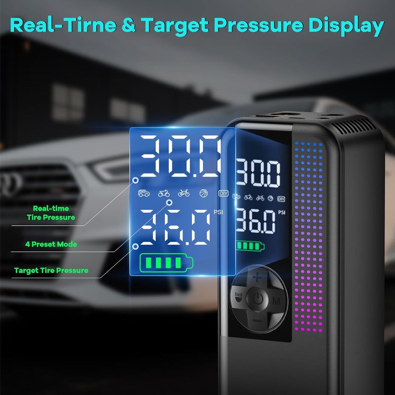 WEOLULI Tire Inflator Portable Air Compressor, 150 PSI Cordless Air Pump, Dual Power 6000mAh, 12V DC Car Plug, Fast Inflation 24L/Min, Auto Shut-Off, LED Light, 4 Preset Modes for Car, Bike, Motorcycle, Balls - Image 5